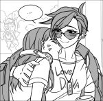  ... 3girls breasts character_name clothes_writing commentary_request d.va_(overwatch) english female glasses greyscale gun headphones headphones_around_neck hiding hooreng monochrome multiple_girls nature overwatch plant rifle scope smile sniper_rifle spoken_ellipsis sunglasses tracer_(overwatch) upper_body weapon white_background widowmaker_(overwatch) yandere yuri 