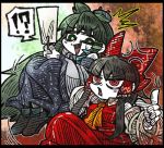  !? /\/\/\ 2girls al_bhed_eyes anger_vein ascot bangs black_border black_hair blush blush_stickers border commentary commentary_request detached_sleeves eye_contact eyebrows eyebrows_visible_through_hair frog_hair_ornament green_eyes green_hair hair_ornament hair_ribbon hair_tubes hakurei_reimu japanese_clothes kochiya_sanae long_hair long_sleeves looking_at_another miko multiple_girls oonusa open_mouth red_eyes ribbon shirt skirt skirt_set snake_hair_ornament speech_bubble suenari_(peace) sweatdrop touhou white_skin wide_sleeves 