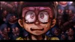  1boy black_hair blurry dangan_ronpa depth_of_field doraemon doraemon_(character) doraraemon glasses letterboxed male_focus multiple_persona nobi_nobita ooyama_nobuyo parody pink_eyes scared style_parody sweat tears upper_body 