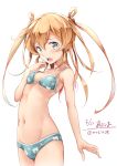  1girl abukuma_(kantai_collection) bangs bear_print bikini blonde_hair breasts character_name collarbone cowboy_shot dated green_eyes groin hair_between_eyes hair_rings highres kantai_collection long_hair looking_at_viewer midriff mousoup navel open_mouth print_bikini simple_background small_breasts solo standing swimsuit teeth thighs twintails underwear underwear_only white_background 