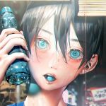  1boy ball bangs black_hair blue_eyes blurry blush candy close-up curtains depth_of_field dripping eyelashes face free! hair_between_eyes hana_bell_forest high_speed! holding_bottle hot jar looking_at_viewer male_focus mouth_hold nanase_haruka_(free!) ramune shade snack solo string summer sweat sweets teeth water wet 