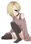 1girl absurdres bare_shoulders black_legwear blonde_hair brown_eyes collar collarbone commentary earrings eyebrows flat_chest forehead hair_over_one_eye highres idolmaster idolmaster_cinderella_girls jewelry looking_at_viewer loose_clothes no_shoes off-shoulder_sweater shirasaka_koume shorts solo stud_earrings sweater thigh-highs white_background yamamoto_souichirou zettai_ryouiki 