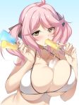  1girl ahoge between_breasts bikini blush breasts food_in_mouth gradient gradient_background holding huge_breasts looking_at_viewer minamon_(vittel221) philuffy_aingram pink_hair popsicle saijaku_muhai_no_bahamut sexually_suggestive short_hair simple_background solo swimsuit twintails white_bikini yellow_eyes 