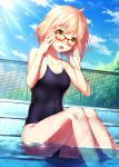  1girl adjusting_glasses ahoge bangs bare_arms bare_legs black_swimsuit blue_sky blush breasts clouds collarbone competition_school_swimsuit covered_navel embarrassed eyebrows eyebrows_visible_through_hair eyelashes fence fingernails glasses highres kuriyama_mirai kyoukai_no_kanata long_fingernails looking_at_viewer medium_breasts one-piece_swimsuit open_mouth outdoors partially_submerged pink_hair pool red-framed_eyewear shade short_hair sitting skin_tight sky solo stairs sunlight sweat swimsuit tree water wet yellow_eyes yomono 