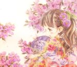  1girl ashida_(5232334) backlighting blush bow brown_eyes brown_hair cherry_blossoms fan floral_print flower hair_bow hair_flower hair_ornament highres japanese_clothes kimono long_hair obi open_mouth original paper_fan ponytail profile sash solo traditional_media uchiwa upper_body watercolor_(medium) yukata 