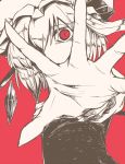  1girl aiming_at_viewer flandre_scarlet from_side hand_up hat looking_at_viewer mob_cap monochrome open_hand red red_background red_eyes short_sleeves side_ponytail simple_background slit_pupils solo spot_color touhou upper_body vest wings yume_(i_think.) 