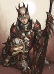  1girl armor boots breastplate cat crown facepaint felyne gauntlets grey_hair hair_tubes hand_on_another&#039;s_back helmet hilld holding holding_sword holding_weapon leaning_on_person light_smile looking_at_viewer monster_hunter one_leg_raised orange_eyes pauldrons paws rathalos_(armor) red_eyes sitting spikes sword weapon 