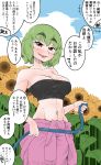  1girl alternate_costume bandeau blue_sky blush bra breasts cleavage clothes_around_waist clouds collarbone cowboy_shot day eyebrows eyebrows_visible_through_hair flower garden_of_the_sun green_hair highres hips hose jumpsuit kazami_yuuka looking_at_viewer medium_breasts muscle naughty_face no_panties short_hair sky solo strapless strapless_bra sunflower sweat takeu thick_eyebrows toned touhou translation_request underwear waist water_drop 