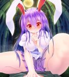  1girl animal_ears bamboo bamboo_forest blush breasts finger_to_mouth forest full-face_blush full_moon large_breasts light_particles long_hair looking_at_viewer miniskirt moon nature night night_sky on_person puffy_sleeves purple_hair rabbit_ears red_eyes reisen_udongein_inaba shirt short_sleeves sitting sitting_on_person skirt sky solo_focus spread_legs touhou z.o.b 