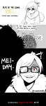  1girl 2boys 3koma comic cowering empty_eyes english evil_smile gameplay_mechanics glasses hair_bun hand_holding health_bar highres hood junkrat_(overwatch) mask mei_(overwatch) monochrome multiple_boys open_mouth overwatch play_of_the_game pun reaper_(overwatch) red_eyes shaded_face smile spot_color supershrimpcakes trembling twitter_username upper_body winter_clothes 