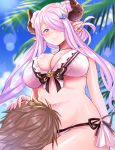  1boy 1girl bikini blue_eyes blurry blush breasts brown_hair butterfly_earrings cleavage closed_mouth curvy depth_of_field doraf double_bun granblue_fantasy groin hair_over_one_eye hand_on_another&#039;s_head highres horns lap_pillow large_breasts lavender_hair lens_flare long_hair looking_at_viewer nanatsu_(pixiv1467365) narumeia_(granblue_fantasy) navel outdoors palm_tree pointy_ears side-tie_bikini sitting sketch smile swimsuit tree white_bikini 