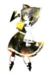  1girl :&lt; alternate_color anabone ascot bow clenched_hand detached_sleeves full_body grey_hair hair_bow hair_tubes hakurei_reimu japanese_clothes looking_at_viewer miko ribbon ribbon-trimmed_sleeves ribbon_trim simple_background skirt skirt_set touhou white_background wide_sleeves yellow_eyes 