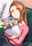  1boy 1girl bouquet brown_hair closed_eyes couch flower happy holding_bouquet idolmaster jewelry leaf leaning_on_person minase_iori necklace pink_shirt rose shirt signature yoshiwa_tomo 