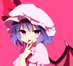 &gt;:) 1girl bat_wings finger_licking fingernails hat hat_ribbon licking long_fingernails looking_at_viewer mob_cap nail_polish pink_background pink_eyes puffy_short_sleeves puffy_sleeves purple_hair red_nails red_ribbon remilia_scarlet ribbon short_hair short_sleeves smile solo tongue tongue_out touhou upper_body wings you_(noanoamoemoe) 