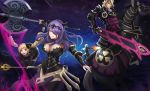  2boys 2girls armor attack axe battle_axe black_armor black_boots black_panties blonde_hair blue_background boots breasts brother_and_sister brothers camilla_(fire_emblem_if) capelet cleavage corset dark_background earrings elise_(fire_emblem_if) energy family fire fire_emblem fire_emblem_if gauntlets hair_ribbon highres holding holding_weapon horse horseback_riding jewelry large_breasts leon_(fire_emblem_if) licking_lips lips long_hair looking_at_viewer marx_(fire_emblem_if) multiple_boys multiple_girls naxu panties purple_hair ribbon riding serious short_hair siblings sisters staff sword thigh-highs thigh_boots tiara tongue tongue_out twintails underwear vambraces very_long_hair violet_eyes wavy_hair weapon 