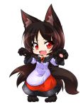  &gt;:d 1girl :d animal_ears bangs blush brooch brown_hair chibi dress fang fox_tail full_body hands_up imaizumi_kagerou jewelry kazami_karasu lavender_dress long_hair long_sleeves looking_at_viewer monster_girl multicolored_dress off-shoulder_dress off_shoulder open_mouth paw_pose paws red_dress red_eyes shiny shiny_hair simple_background smile solo sweatdrop tail touhou very_long_hair white_background white_dress wolf_ears wolf_girl wolf_tail 