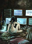  1girl ankle_wraps ass barefoot black_hair breasts cable computer cyberpunk cyborg dirty from_behind highres long_hair messy_hair monitor original panties rodethos sideboob sitting soles solo topless underwear 