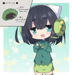  1girl :d animal_ear_headphones animal_ears bangs black_hair blue_eyes blush breasts collared_shirt commentary_request directional_arrow dress_shirt eyebrows_visible_through_hair fake_animal_ears floral_background food green_legwear green_shirt green_skirt hair_between_eyes headphones headset highres holding holding_food kyoumachi_seika long_hair long_sleeves medium_breasts milkpanda open_mouth shirt skirt sleeves_past_wrists smile solo sparkling_eyes thigh-highs translation_request voiceroid 