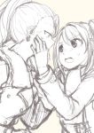  2girls age_difference blush coat executive_mishiro hand_on_another&#039;s_face hinagi_(fox_priest) idolmaster idolmaster_cinderella_girls jewelry long_hair looking_at_another monochrome multiple_girls open_mouth ponytail scarf shimamura_uzuki sketch sweatdrop winter_clothes winter_coat yuri 
