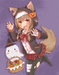  1girl animal_ears bandage basket blush bow braid brown_hair candy commentary commentary_request dennou_usagi doughnut fang food ghost halloween hat notched_ear open_mouth original pantyhose pleated_skirt pumpkin purple_background red_eyes skirt solo_focus tail torn_clothes torn_pantyhose twin_braids witch_hat wolf_ears wolf_tail 