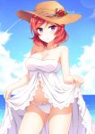  1girl bangs bare_shoulders blush bow breasts cleavage clouds collarbone cowboy_shot eyebrows eyebrows_visible_through_hair flower hat head_tilt lens_flare looking_at_viewer love_live! love_live!_school_idol_project mmrailgun nishikino_maki outdoors red_rose redhead rose sky solo sparkle sun_hat swept_bangs violet_eyes 