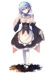  1girl blue_eyes blue_hair blush breasts detached_sleeves dress frills hair_ornament hair_over_one_eye hair_ribbon highres looking_at_viewer maid maid_headdress nmaaaaa re:zero_kara_hajimeru_isekai_seikatsu rem_(re:zero) ribbon short_hair smile solo white_legwear x_hair_ornament 