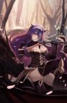  1girl armor axe battle_axe black_armor black_boots boots breasts bustier camilla_(fire_emblem_if) cleavage dragon fire_emblem fire_emblem_if flower forest highres holding holding_weapon large_breasts lips long_hair looking_at_viewer marzia_(fire_emblem_if) nature petals purple_hair sharp_teeth sitting strap teeth tetsu_(aurvandil) thigh-highs thigh_boots thighs tiara tree vambraces very_long_hair violet_eyes weapon wyvern yellow_eyes 
