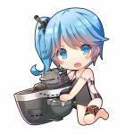  &gt;:d 1girl :d bare_arms bare_legs barefoot blue_eyes blue_hair blush blush_stickers cannon character_name chibi disembodied_blush fang full_body holding jiang-ge kneeling legband looking_at_viewer machinery number_tattoo one-piece_swimsuit open_mouth side_ponytail simple_background smile solo submarine swimsuit tattoo u47_(zhan_jian_shao_nyu) watercraft white_background zhan_jian_shao_nyu 