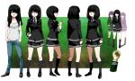  1girl aura black_eyes black_hair breasts character_sheet cleavage clenched_hands collarbone costume_chart denim frown full_body hair_tie hand_in_pocket hands_in_pockets jcm2 jeans miniskirt multiple_views necktie original pants pleated_skirt school_uniform skirt socks tank_top transparent_background turnaround 