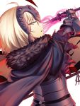  1girl armor blonde_hair breasts fal fate/grand_order fate_(series) fur_trim gauntlets headpiece jeanne_alter long_hair ruler_(fate/apocrypha) ruler_(fate/grand_order) short_hair simple_background solo sword weapon yellow_eyes 