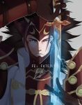  1boy armor artist_name brown_eyes brown_hair copyright_name fire_emblem fire_emblem_if gloves grey_background highres japanese_armor katana long_hair male_focus portrait ryouma_(fire_emblem_if) simple_background sly-8 solo sword weapon 