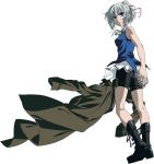  1girl bare_arms blue_eyes blue_shirt bluesy_fluesy boots breasts coat hair_ribbon highres legs looking_back miniskirt official_art pleated_skirt ponytail ribbon shirt short_hair shorts silver_hair skirt sleeveless solo taboo_tattoo 