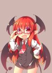  &gt;:d 1girl :d a adjusting_glasses bat_wings chibi chromatic_aberration cowboy_shot demon_tail demon_wings dress_shirt eyebrows eyebrows_visible_through_hair fang glasses grey_background hand_on_hip head_wings highres koakuma kt_cano miniskirt necktie open_mouth pointy_ears red_eyes red_necktie redhead shirt simple_background skirt skirt_set smile solo tail the_embodiment_of_scarlet_devil thighs touhou vest wings 