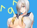  1girl blue_eyes breasts cleavage collarbone eyes_visible_through_hair hair_ornament hair_over_one_eye hairclip hamakaze_(kantai_collection) kantai_collection large_breasts neckerchief school_uniform serafuku short_hair silver_hair solo tears u_rei_3 