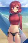  1girl bikini black_bikini blush breasts clouds crop_top highres holding looking_away looking_to_the_side love_live! love_live!_school_idol_project medium_breasts midriff motokonut navel nishikino_maki ocean outdoors redhead shirt short_hair side-tie_bikini sky solo standing surfboard swimsuit taut_clothes taut_shirt violet_eyes wetsuit 