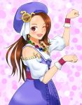  1girl arm_up beret blue_dress brown_hair dragon dress eastern_dragon fang hat highres idolmaster idolmaster_2 jewelry long_hair looking_at_viewer minase_iori necklace one_eye_closed open_mouth palace_of_dragon_(idolmaster) paw_pose pink_background polka_dot polka_dot_background red_eyes smile solo wrist_cuffs yoshiwa_tomo 