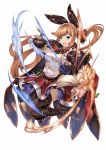  1girl :d bent_knees black_boots black_gloves black_legwear black_ribbon blonde_hair blush boots breasts cape clarisse_(granblue_fantasy) foreshortening full_body gloves granblue_fantasy green_eyes hair_ribbon highres long_hair looking_at_viewer open_mouth pak_ce ponytail red_skirt ribbed_sweater ribbon sideboob skirt sleeveless sleeveless_turtleneck smile solo sweater thigh-highs turtleneck 