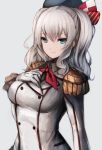  beret blue_eyes buttons epaulettes frilled_sleeves frills gloves hand_on_own_chest hat highres inaba_sunimi kantai_collection kashima_(kantai_collection) kerchief long_hair long_sleeves military military_uniform sidelocks silver_hair tsurime twintails uniform upper_body wavy_hair white_gloves 