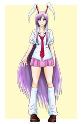  1girl animal_ears breasts carrot cleavage collarbone full_body highres large_breasts lavender_hair long_hair necktie pleated_skirt purple_hair rabbit_ears red_eyes red_necktie reisen_udongein_inaba shirt skirt solo standing tasuro115 touhou very_long_hair 