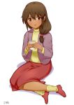  1girl 90s brown_eyes brown_hair cup dark_skin gundam hair_over_shoulder holding holding_cup legs long_hair long_skirt looking_at_viewer red_shoes shakti_kareen shoes signature sitting skirt solo victory_gundam yoshiwa_tomo 