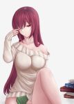  1girl book breasts fate/grand_order fate_(series) highres large_breasts long_hair mirufi-yu off_shoulder one_eye_closed purple_hair red_eyes rubbing_eyes scathach_(fate/grand_order) solo sweater 