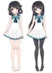  2girls alternate_costume alternate_hairstyle barefoot black_hair blue_eyes dress dual_persona folded_hair full_body hair_down hair_rings highres long_hair multiple_girls nagi_no_asukara no_shoes pantyhose sailor_dress school_uniform serafuku shiodome_miuna standing twintails xingnai 