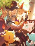  10s 1girl baseball_cap bicycle blonde_hair blue_eyes cellphone choker eevee female_protagonist_(pokemon_go) gengar gloves ground_vehicle hat horsea jigglypuff long_hair open_mouth phone pikachu pokemon pokemon_(creature) pokemon_go ponytail smartphone smile taroji 