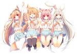  4girls :3 :d ^_^ ahoge animal_ears arm_up black_legwear blue_skirt breasts brown_hair brown_shoes closed_eyes eating food fox_ears fox_tail hair_ornament hairband hand_holding head_tilt holding holding_food legs_up loafers long_hair looking_at_viewer low_twintails midriff multiple_girls neckerchief open_mouth original p19 pink_hair pleated_skirt popsicle rabbit_ears red_eyes school_uniform serafuku shoes short_sleeves simple_background skirt smile tail thigh-highs twintails very_long_hair white_background white_hair x_hair_ornament 