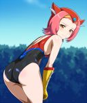  1girl alternate_costume anime_coloring ass bare_shoulders blue_sky blush breasts gecchan gloves leaning_forward leotard looking_at_viewer looking_back monteri pink_hair robot_girls_z short_hair simple_background sky small_breasts solo yellow_eyes yellow_gloves 