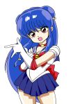  1girl bishoujo_senshi_sailor_moon blue_hair blue_skirt bow choker cleavage crossover cyocomi3 elbow_gloves female gloves hair_ornament long_hair looking_at_viewer miniskirt open_mouth pleated_skirt ranma_1/2 red_eyes sailor sailor_moon sailor_moon_(cosplay) shampoo_(ranma_1/2) simple_background skirt solo standing thigh-highs twintails upper_body white_background white_gloves 