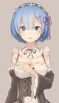  1girl bangs blue_eyes blue_hair blunt_bangs blush breasts cleavage detached_sleeves eyebrows eyebrows_visible_through_hair eyes_visible_through_hair grey_background guanhian hair_ornament hand_on_own_chest highres looking_at_viewer maid maid_headdress muted_color open_mouth re:zero_kara_hajimeru_isekai_seikatsu red_ribbon rem_(re:zero) ribbon ribbon_trim short_hair simple_background sketch solo tears upper_body wide_sleeves x_hair_ornament 