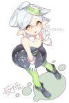  1girl :o absurdres ankle_boots artist_name black_boots black_dress blush boots character_name chitetan dated detached_collar domino_mask dress earrings english food food_on_head full_body gloves green_legwear grey_hair hand_on_own_thigh highres hotaru_(splatoon) jewelry leaning_forward looking_at_viewer mask mole mole_under_eye object_on_head pantyhose parted_lips pointy_ears short_dress short_hair signature solo splatoon standing strapless strapless_dress tentacle_hair v white_background white_gloves yellow_eyes 