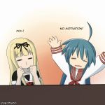  2girls ahoge black_ribbon blonde_hair blue_hair crossover english hair_ornament hair_ribbon izumi_konata kantai_collection lucky_star multiple_girls open_mouth ribbon rukotaro school_uniform serafuku yuudachi_(kantai_collection) 