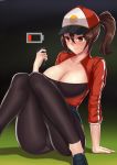  10s 1girl :t baseball_cap battery blush braid breasts brown_eyes brown_hair cap cellphone empty female_protagonist_(pokemon_go) hat jacket large_breasts phone pokemon pokemon_go pout red_jacket smartphone solo vanquice 